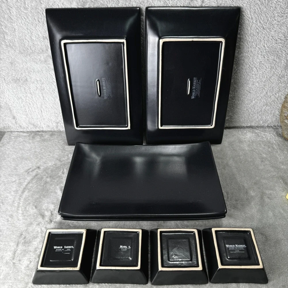 World Market Sushi Matte Black Ceramic Rectangular Plates Set 4 Dipping Bowls